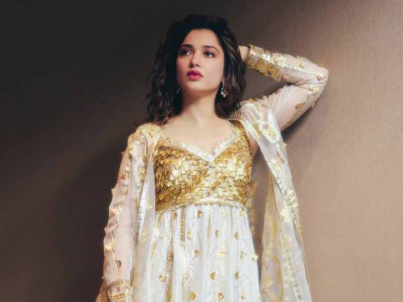 Tamannaah Bhatia Shines in a Stunning Golden-White Anarkali Look!